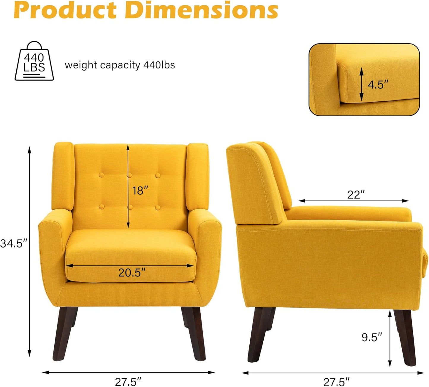 UIXE Accent Chair, Modern Upholstered Armchair Mid-Century Arm Chair in Fabric for Living Room, Comfy Single Sofa Seats Button Tufted Reading Seating, Yellow