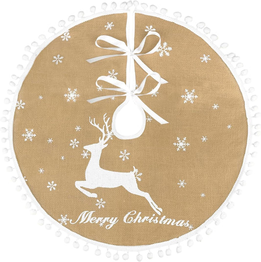 24 Inch Christmas Tree Skirt, Burlap Linen Color Christmas Rustic Tree Skirt with Elk Deer and White Snowflake Printed for Holiday Party Xmas Tree Decoration