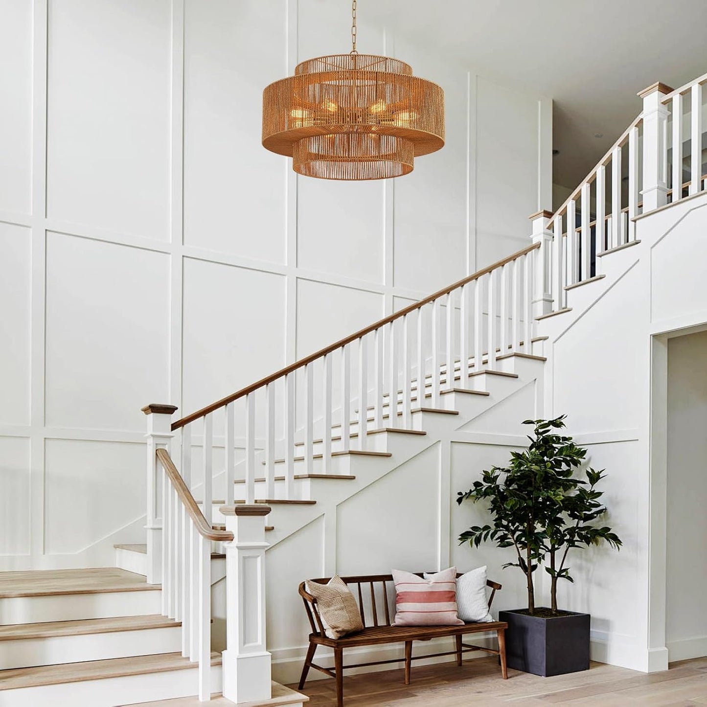 30” Large Hand-Woven Rattan Chandelier Vintage 8-Light Farmhouse Boho Bamboo Chandelier Light Fixture Retro 3-Tier Drum Wicker Rattan Golden Chandeliers for Dining Room, Kitchen, Living Room