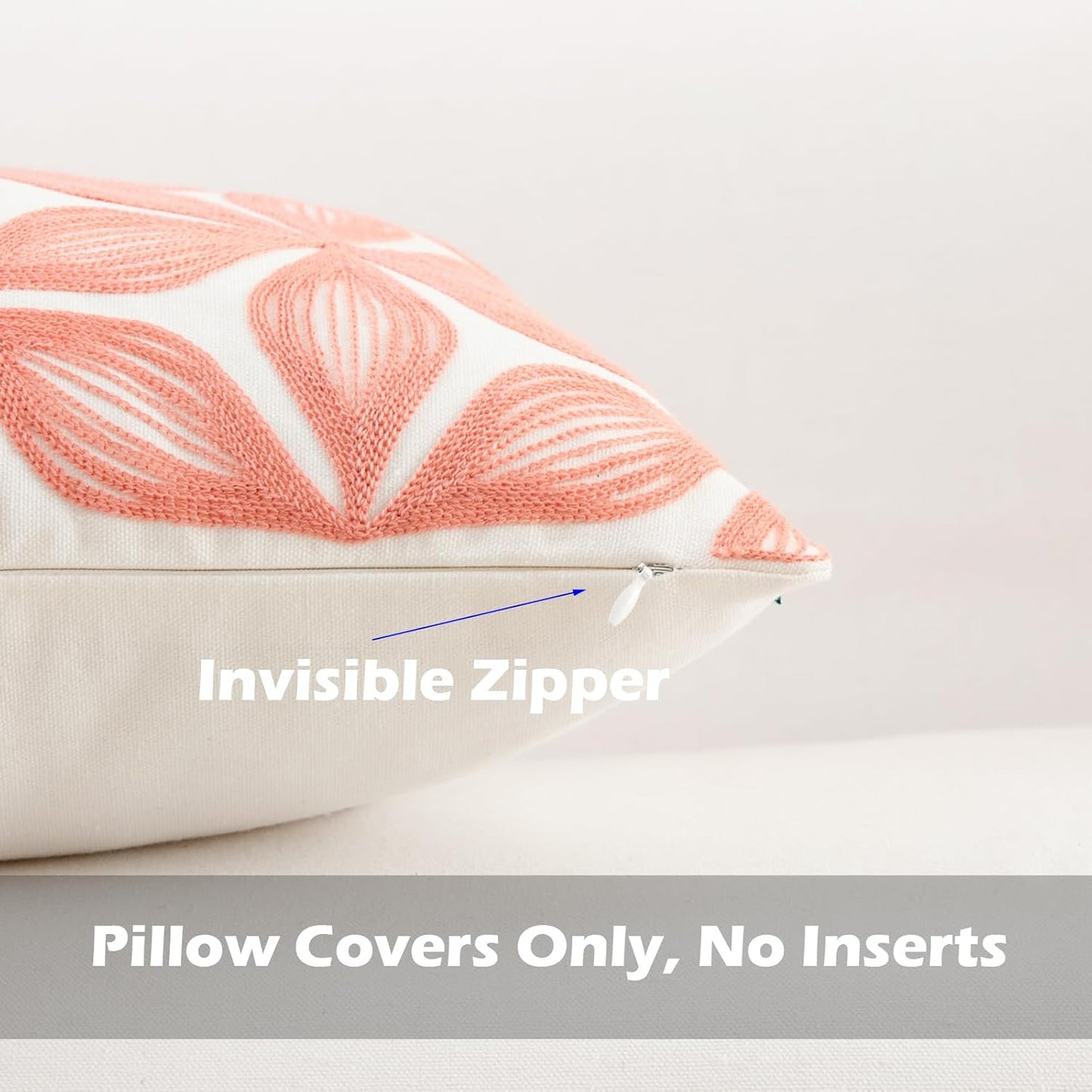 HWY 50 Coral Pink Decorative Throw Pillow Covers 18x18 Inch (1 Piece), Embroidered Cotton Farmhouse Cushion Cover Pillow Case for Sofa Couch Living Room Bed, Fashion Geometric