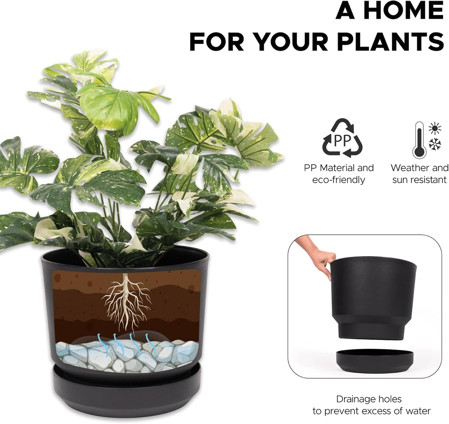 Elly Décor 8 inch Plastic Cylinder Planter Pot with Self-Watering Saucer and Drainage Hole,Lightweight & Extremely Durable, 8"x 8", Black