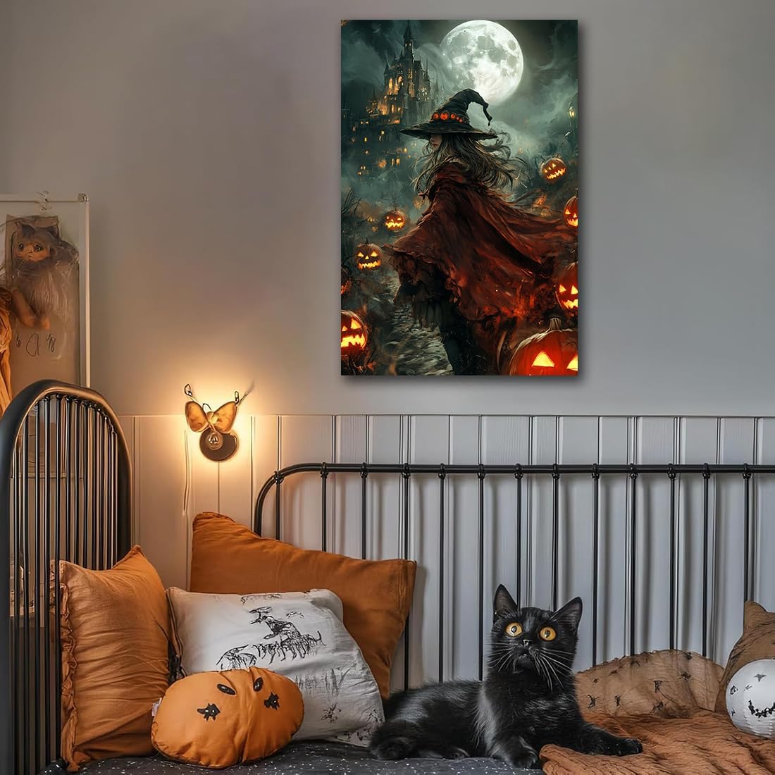 Dark and Moody Gothic Witch Poster Wall Art,Vintage Rustic Witch in Cloak with Castle Pumpkin Road Dark Gothic Poster,Goth Spooky Season Halloween Prints for Fantasy Office,24"x36" Unframed