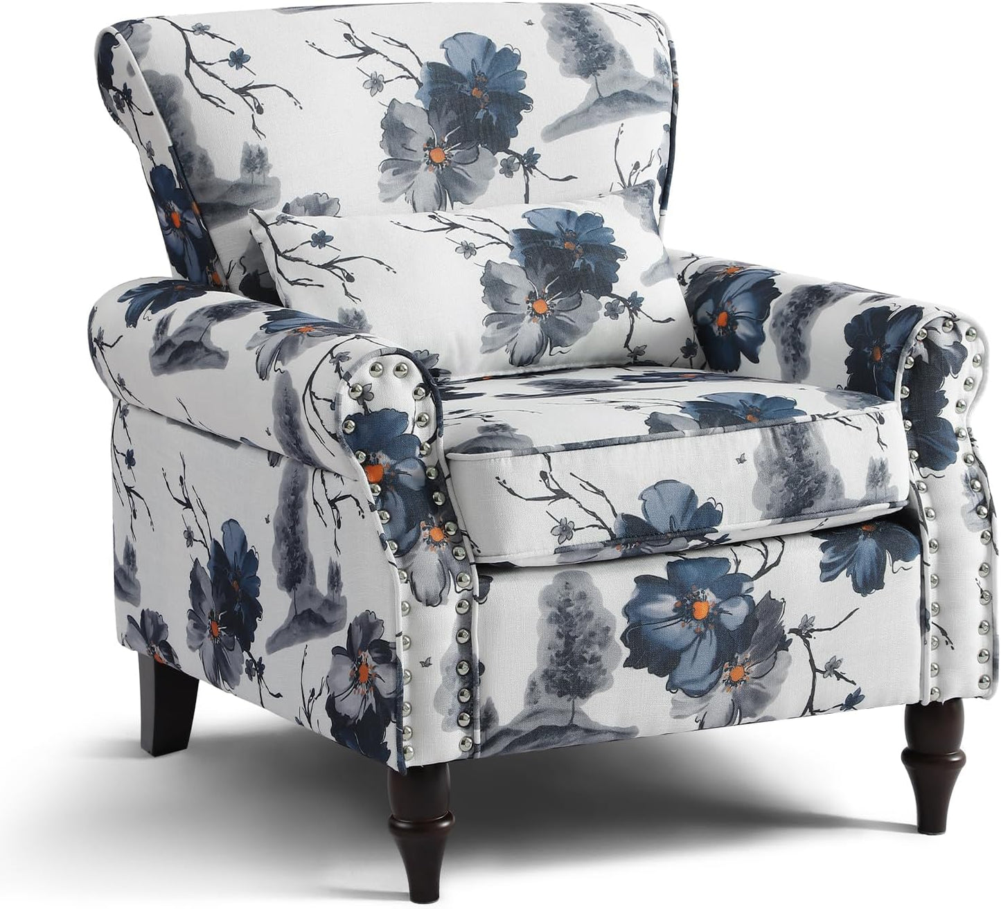 Wingback Accent Chair with Removable Pillow, High Back Floral Armchair with Solid Wood Legs & Nailhead Trim, Comfy Upholstered Reading Single Sofa Chair for Bedroom (1, Ink Blue Pattern)