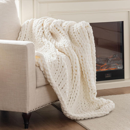 Chunky Knit Blanket Throw, 100% Hand Knit Throw Blanket Handmade Chenille Cable Knit Throw for Couch, Stylish Cozy Soft Rope Knot Crochet Blanket for Home Decor, Ivory, 50x60 Inches