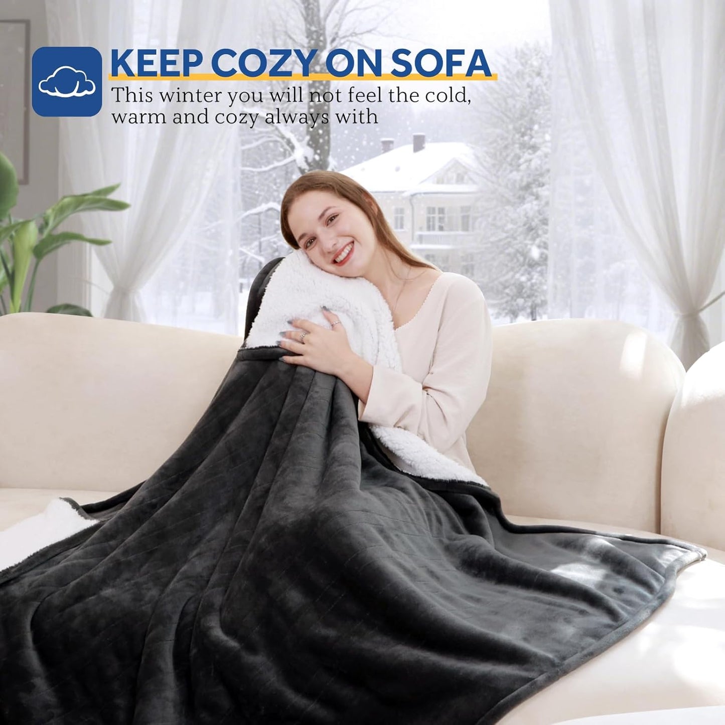 Sealy Electric Blanket Throw Size 50"*60",Super Cozy Flannel to Sherpa Reversible Heated Blanket Throw with 6 Heating Levels & 2-10 Hours Auto Off Overheating Protection Machine Washable,Charcoal