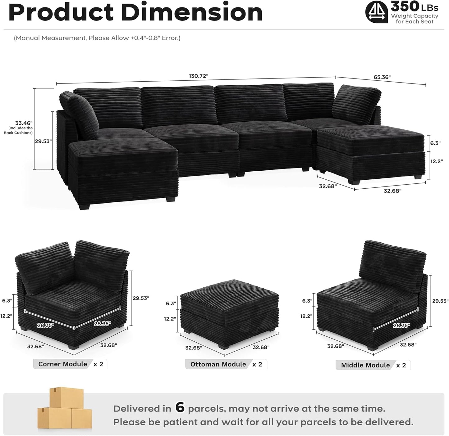ovios Sectional Sofa Couch with U-Shape Chaise Ottomans, Comfy Modular Cloud Couches with Deep Seat, Modern Upholstered Plush Corduroy Sofas Set for Living Room, 6-Seater, Black