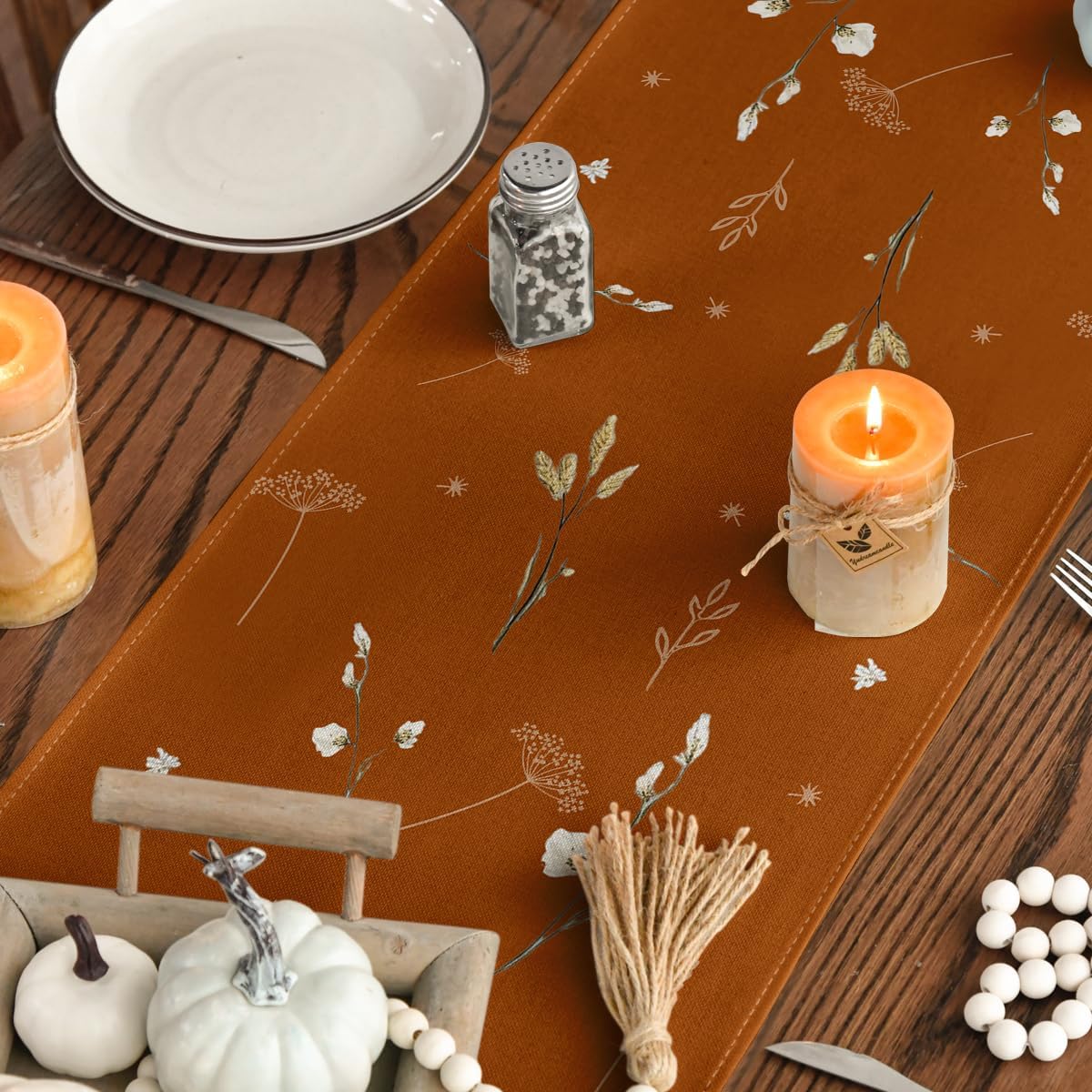 Artoid Mode Orange Pumpkins Leaves Flowers 210 GSM Fall Table Runner, Seasonal Autumn Kitchen Dining Table Decoration for Home Party Decor 13x60 Inch
