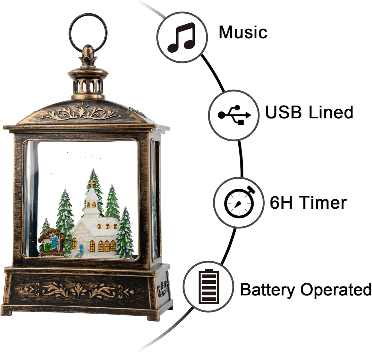 12.5'' Musical Snow Globe Lantern Lighted Church with Nativity Manger Scene Water Lantern in Swirling Glitter, Christmas Home Decoration and Gift, Battery Operated or USB Powered