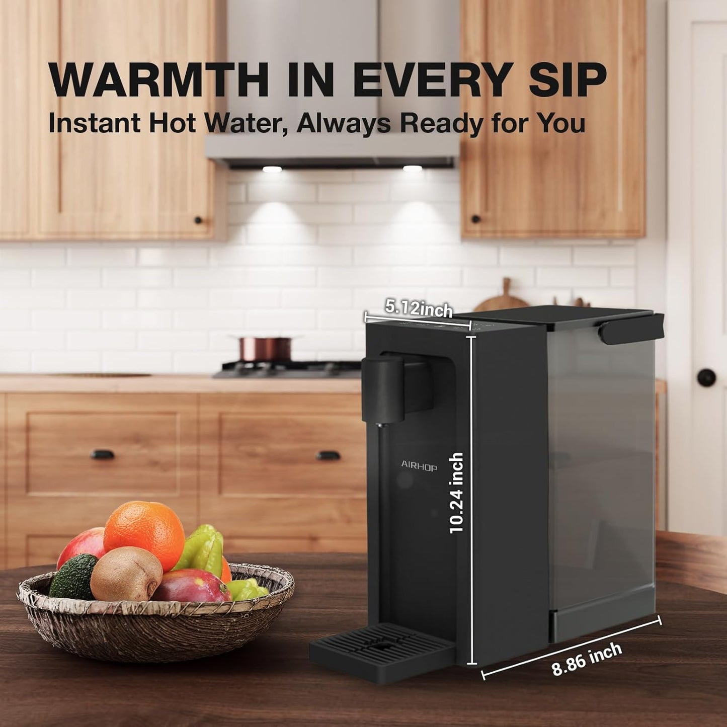 AIRHOP Instant Hot Water Dispenser, Quick Heating Countertop Water Dispenser with Child Locks, Adjustable 5 Temp 3 Water Volume Dispense, 100OZ 3L Removable Tank, Ideal for Home Office Kitchen, Black
