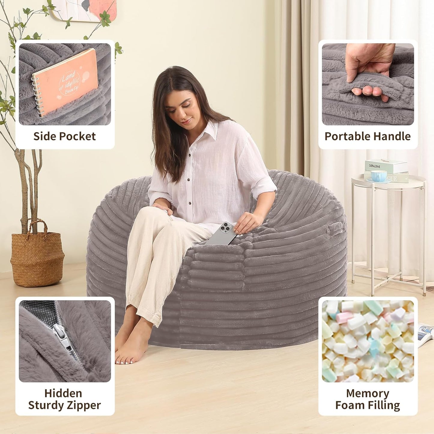 3FT Memory Foam Bean Bag Chair for Adults/Teens, Bean Bag Sofa with Fluffy Removable Cover, for Living Room Bedroom, Grey