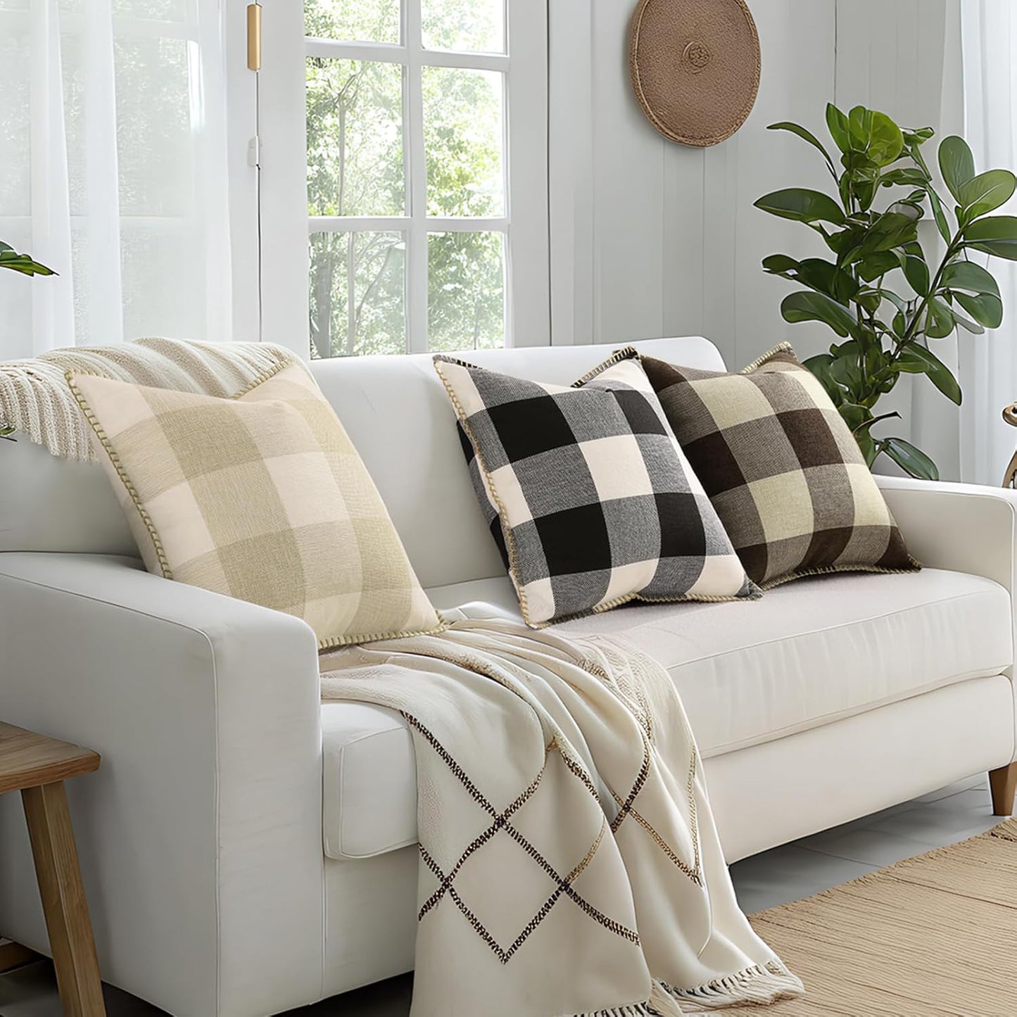 decorUhome Buffalo Plaid Check Throw Pillow Covers 12x20 Set of 2, Outdoor Lumbar Decorative Farmhouse Neutral Pillow Covers with Stitched Edge for Bed Couch Sofa, Brown and Beige