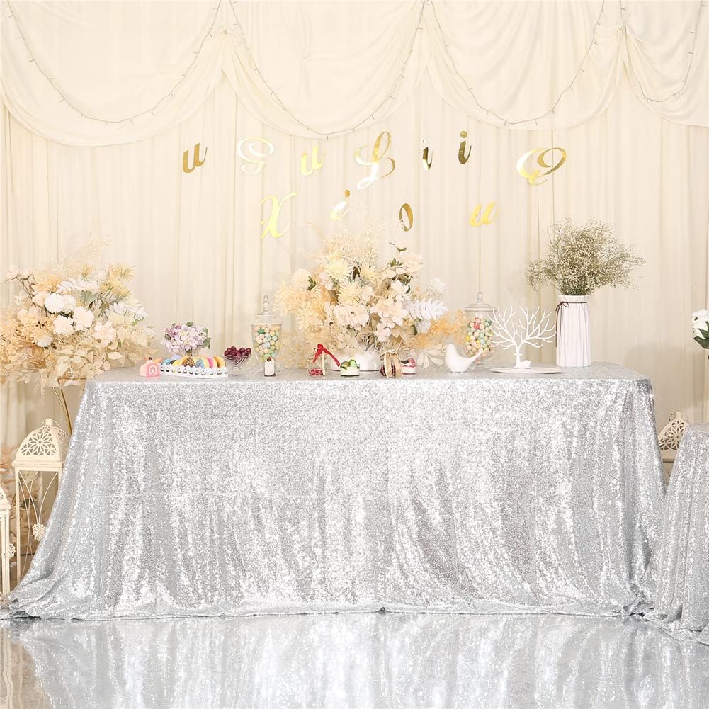 SquarePie Sequin Tablecloth 90 x 156 Inch Silver Sparkly Table Linen for Wedding Party
