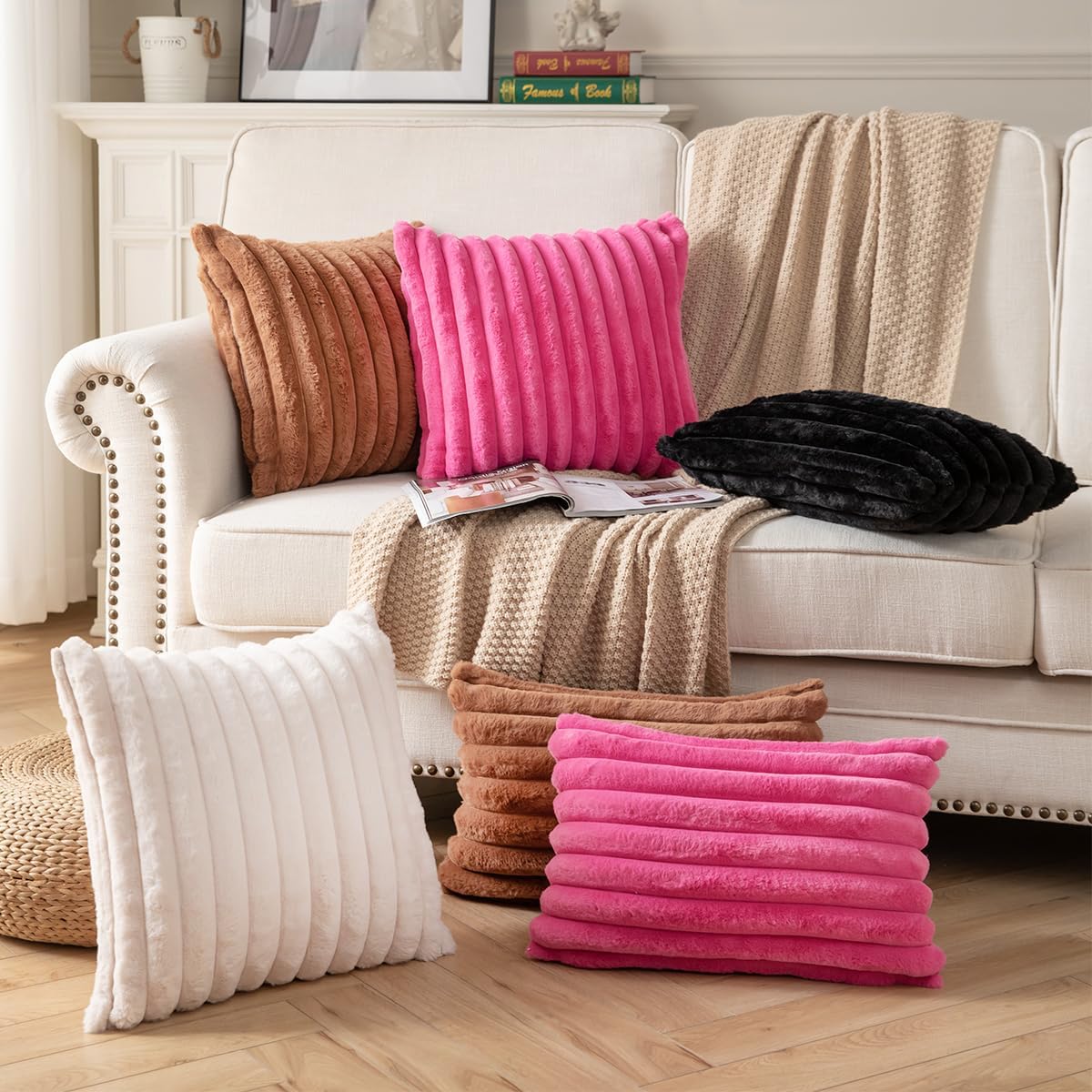 DEELAND Pack of 2,Double-Sided Faux Fur Plush Decorative Throw Pillow Covers Fuzzy Striped Soft Pillowcase Cushion Covers for Sofa Couch Bedroom Brown 12x20 inch