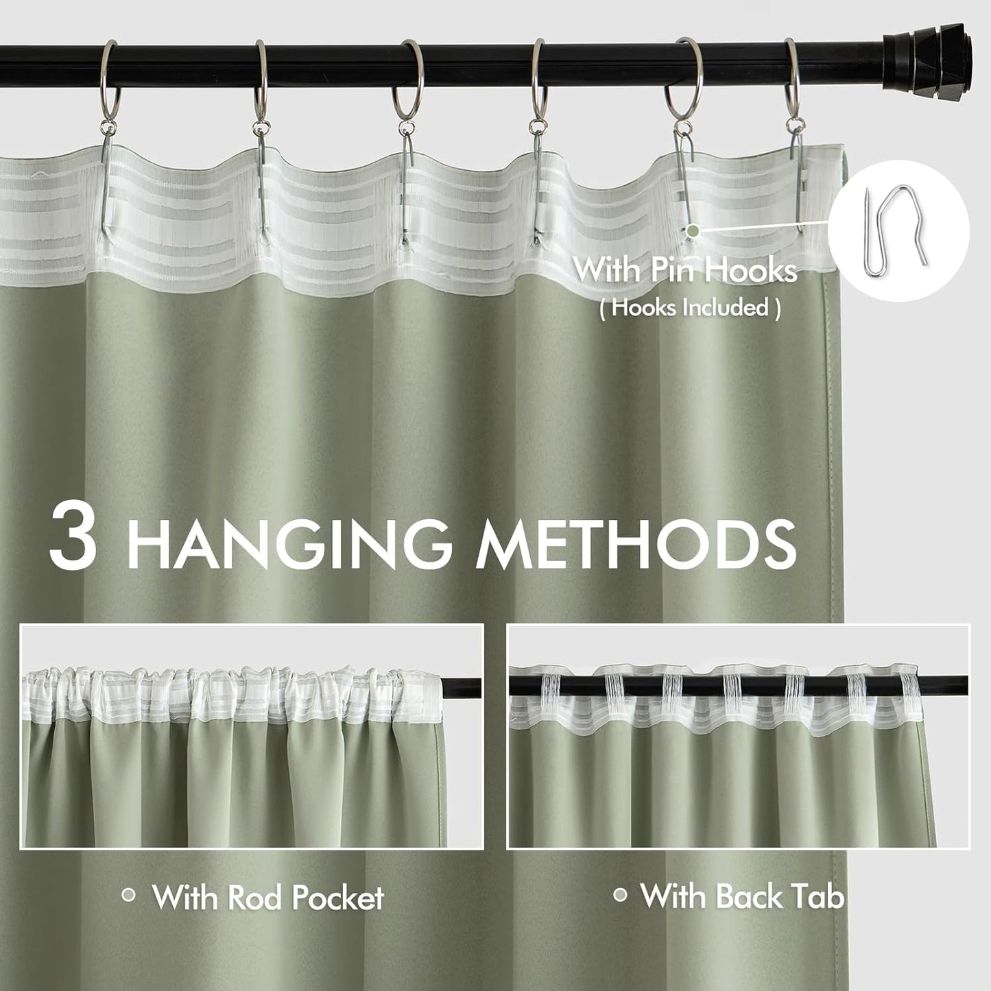MIULEE Back Tab Sage Green Curtains 108 Inch Long 2 Panels Set for Living Room Bedroom Privacy, Rod Pocket/Pinch Pleated Light Blocking Extra Long Thermal Insulated Room Darkening Blackout Drapes