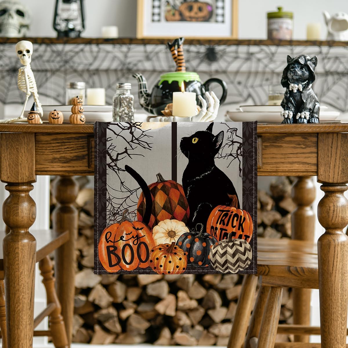 Artoid Mode Black Cat Pumpkins Boo Halloween Table Runner, Trick Or Treat Seasonal Kitchen Dining Table Decoration for Home Party Decor 13x108 Inch