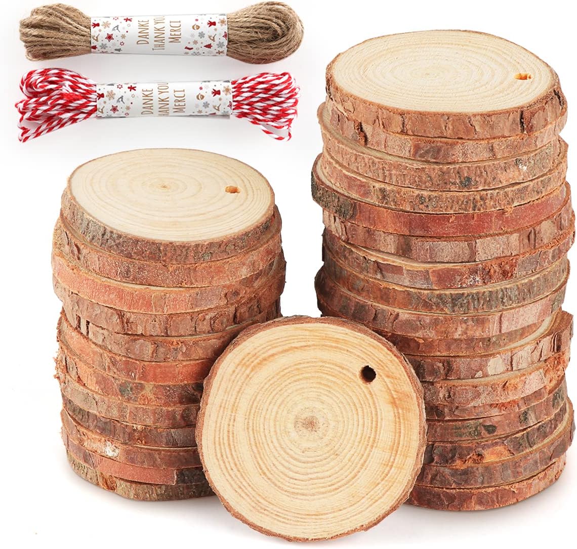 60 Pcs Wood Slices for Crafts, 1.7"-2.1" Pre-Drilled Holes Wood Rounds, 66 FET Twine String, Wooden Circles for Crafts Burning Painting DIY Crafts Christmas Wedding Party Wedding Decor Party