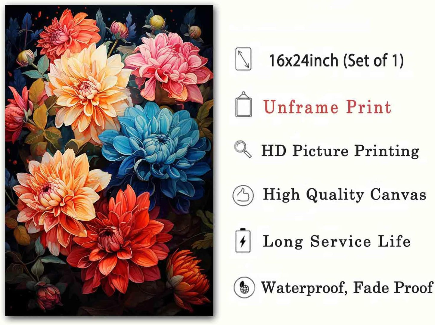 Dahlia Canvas Wall Art Abstract Flower Poster Pink Flower Painting Colorful Flowers Picture Blue Dahlia Wall Art Pink Floral Picture Plant Modern Living Room Decor 16x24inch No Frame