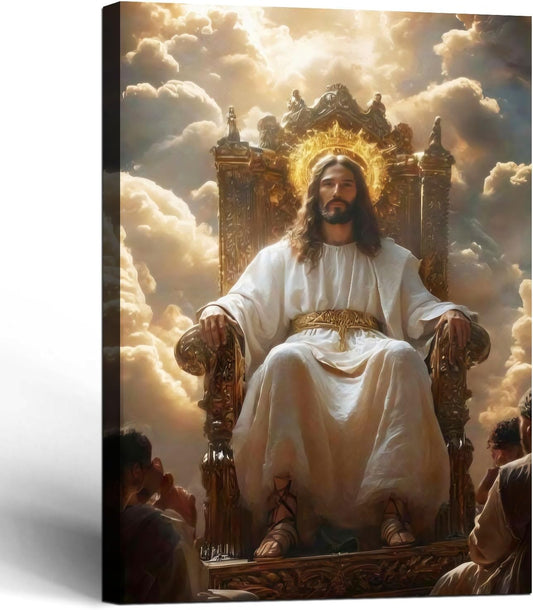Framed Canvas Wall Art Painting Jesus Sitting on the Throne Religious Poster Faith Revelation Gallery Picture Print for Living Room Bedroom Church Decor 16x24 Inch Ready to Hang