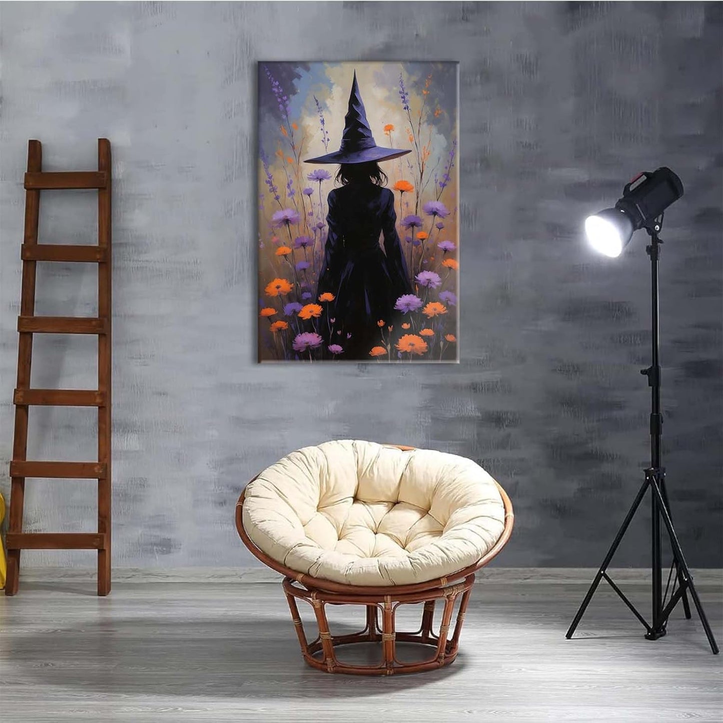 Country wildflower witch canvas print halloween mashup art witch purple decoration bohemian elegant art poster8x12in Wood Framed