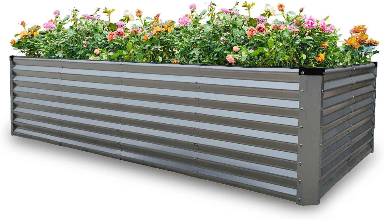 GARDMAX 8x4x2FT Galvanized Raised Garden Bed Kit, Metal Planter Boxes Outdoor with Easy Assembly, Large Garden Bed for Vegetables, Fruits, Flower, Herbs Rectangle Silver