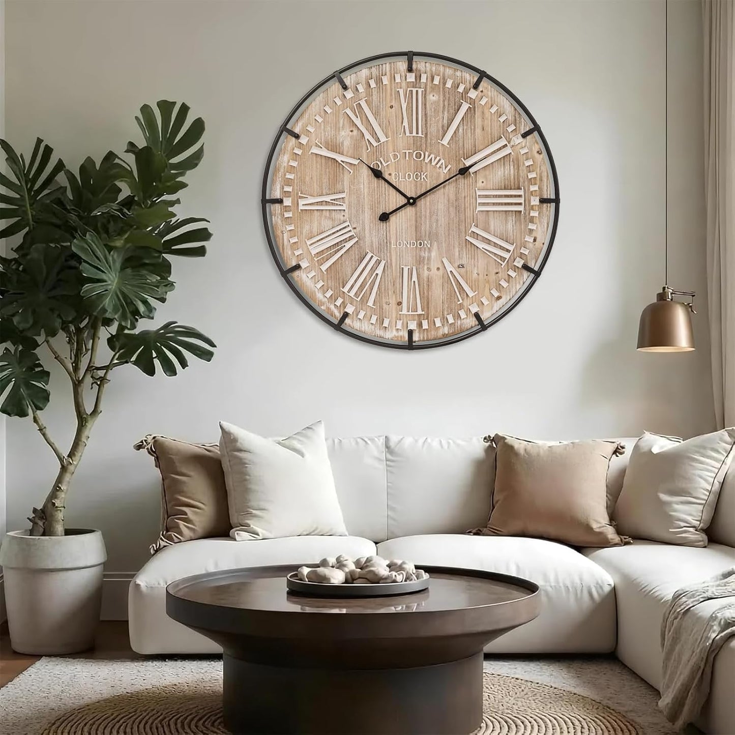 Farmhouse Wall Clock 30 Inch - Rustic Wood Metal Decor, Silent Sweep, Battery Operated for Living Room Kitchen Office, Brown