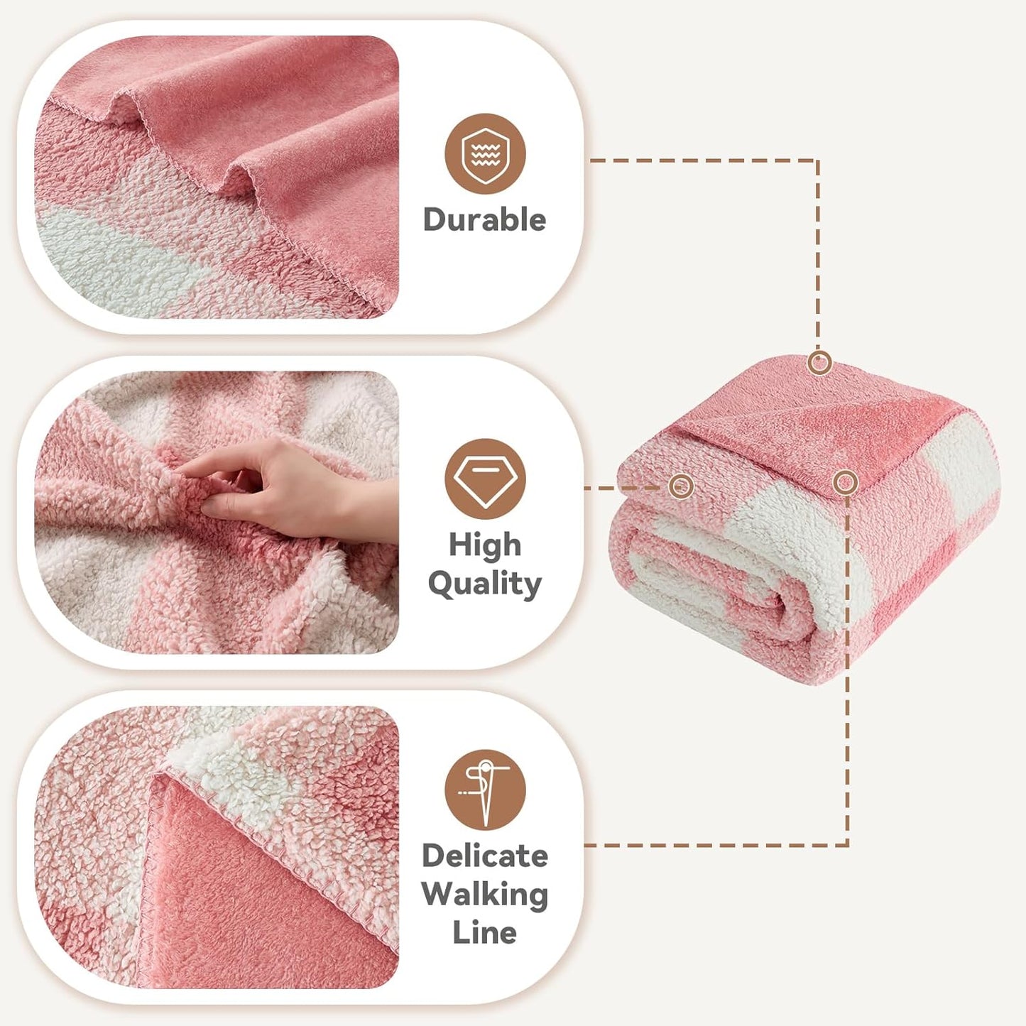 LURKA Checkered Sherpa Fleece Twin-Size Bed Blanket - Extra Thick and Warm Winter Soft Fuzzy Plush Blanket for Couches, Beds & Pets, Powder Pink, 60x80 Inches