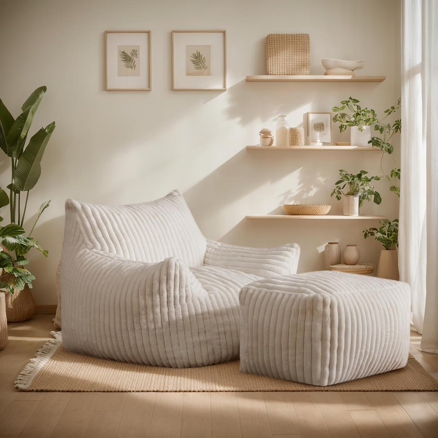 Giant Bean Bag Chairs for Adults, Oversized Chaise Lounge Chair Indoor with Memory Foam - Plush Boneless Lounger & Ottoman for Bedroom, Living Room, Gaming & Reading, Lazy Floor Sofa Chair, Beige