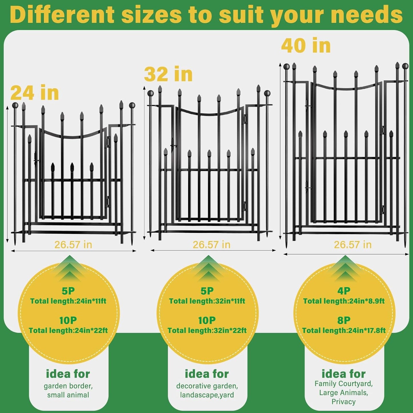 5 Panels No Dig Decorative Garden Fence with Gate, 32in(H) × 11ft(L) Heavy-Duty Rustproof Metal Panels, Outdoor Dog Barrier for Yard & Patio, Landscape, Border| Portable Temporary Fencing