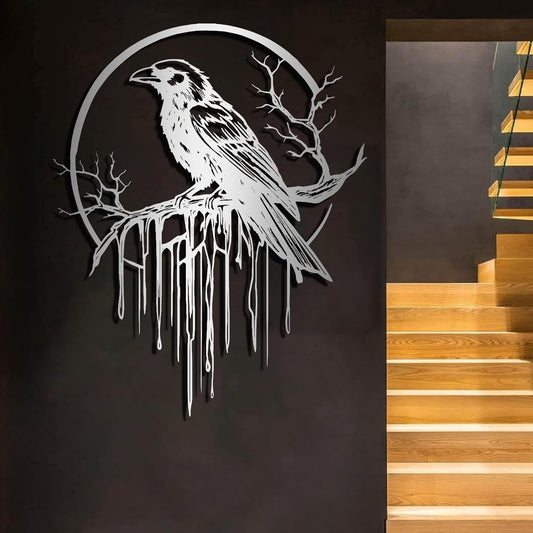 Crow Metal Wall Decor, Raven Wall Art, Large Gothic Raven Decor Hangings, Bird Wall Decor, Metal Tree Branch Decor, Ravens Sign, Raven Art for Living Room (Silver, 30"x24" |76x61cm, metal wall art)