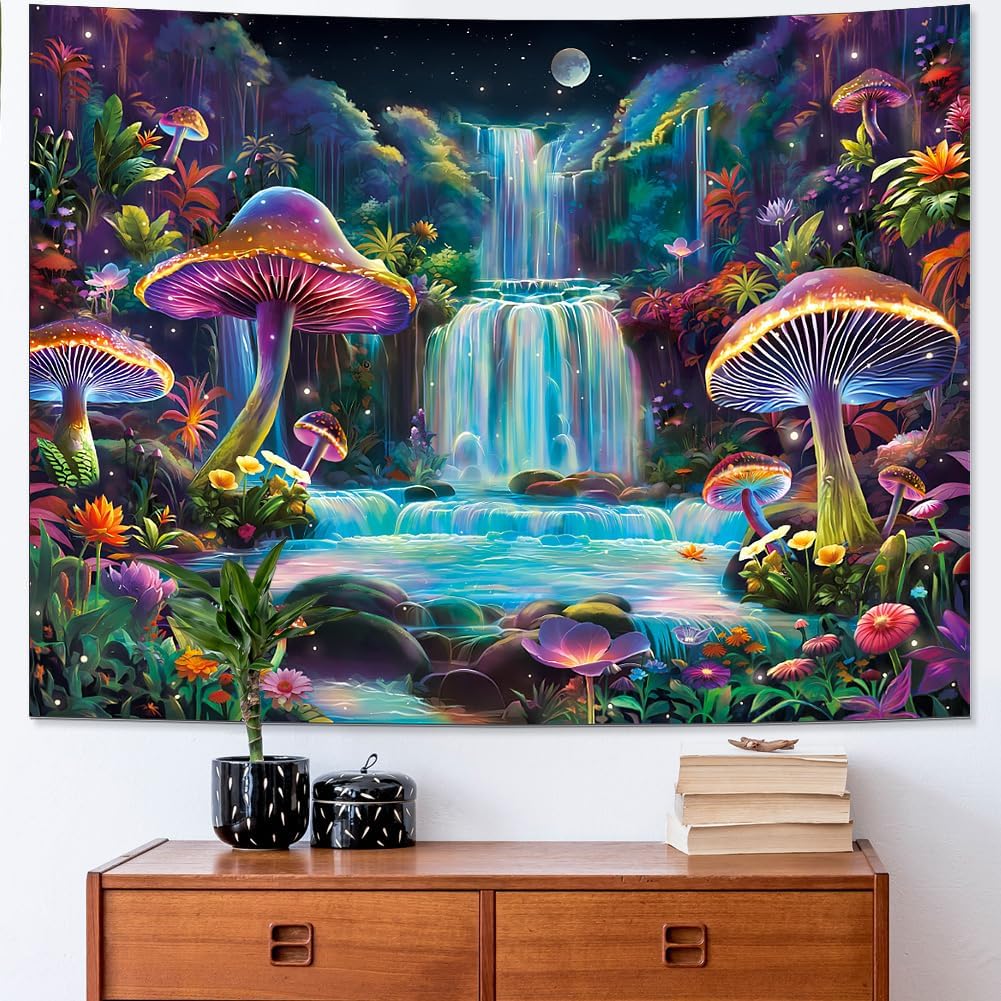 Dermijer Blacklight Tapestry Fantasy Mushroom Forest Tapestries UV Reactive Waterfall Tapestry Moon Night Neon Flower Landscape Wall Hanging for Home Decor L78.7×W59.1
