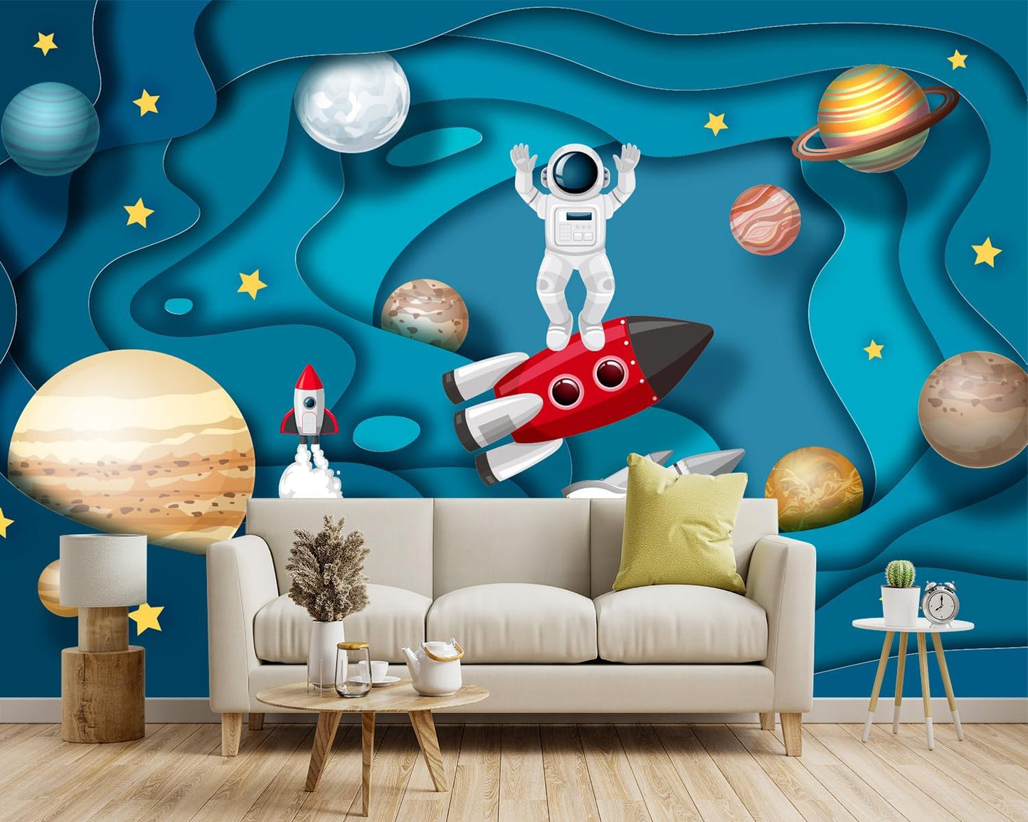 -Kindergarten Children Galactic Planet Fabric Wallpaper Living Room Bedroom Boys Girls Children Cartoon Astronauts Large Mural- 91"x65"（ not Peel and Stick）
