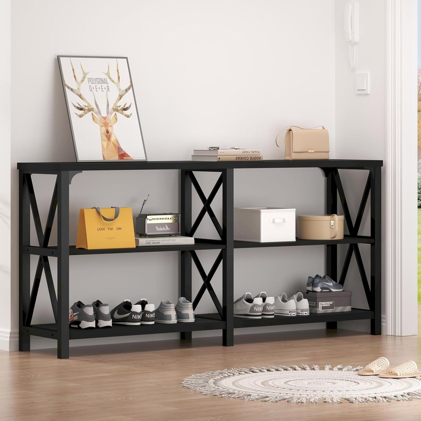 LVB Industrial Entryway Table, Farmhouse Rustic Console Tables Behind Couch, Long Metal Wooden Sofa Table with Storage Shelf, Modern Foyer Hallway Table for Living Room Bedroom, Black Oak, 63 in