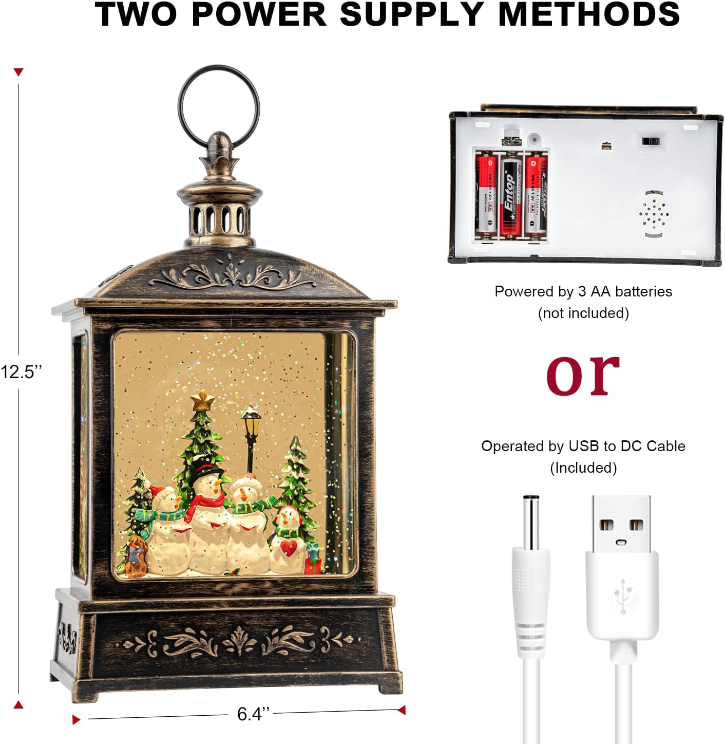 12.5'' Christmas Snow Globe Lantern Lighted Snowman Choir Musical Snowmen Carolers Water Lantern in Swirling Glittering Home Decoration and Gift, Battery Operated or USB Powered