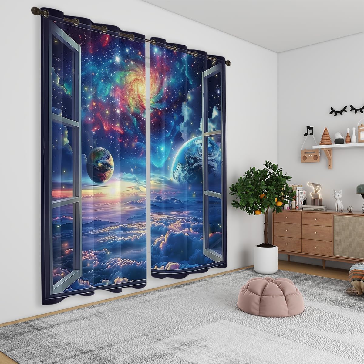 Space Galaxy Blackout Curtains for Girls Boys Kids Home Decor, Universe Nebula Galaxies Solar Planet Grommet Thermal Insulated Drapes Darkening Window Curtain for Bedroom Living Room, 42 x 45 Inch