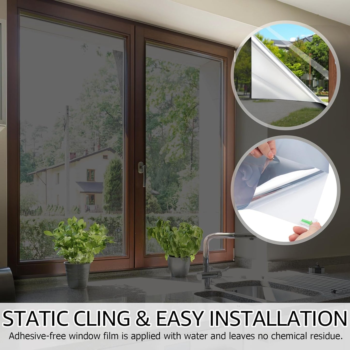 HIDBEA One Way Window Film, Daytime Privacy Sun Blocking Reflective Window Film No Glue Static Cling Heat Control Window Tinting Film for Home and Office, Black Silver, 55.1 x 78.7 Inch