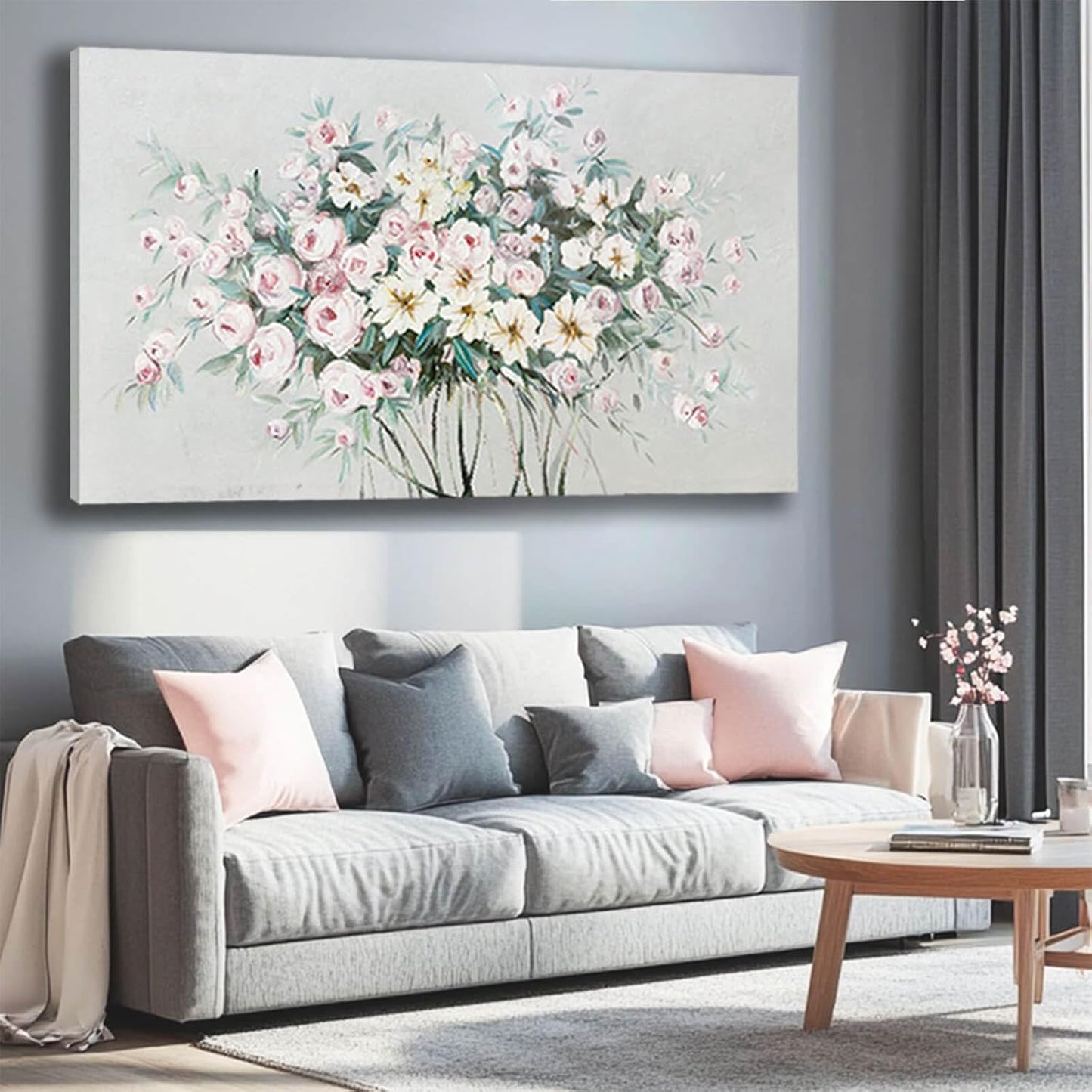 Green Wall Art Floral Home Decor Sage Green Pictures Wall Decor Pink Photo Pictures Flowers Wall Decorations for Girls Room 29"x58"