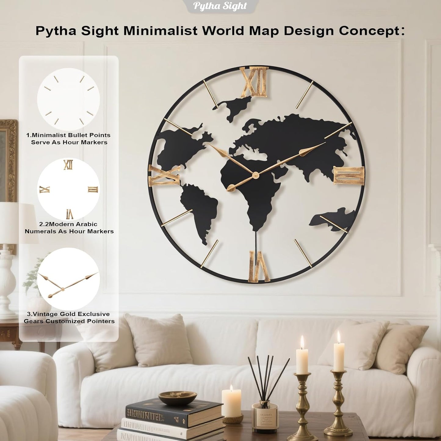 36 Inch Oversized Giant Extra Large Modern Decorative Metal World Map Wall Clock,Big Vintage Gold Roman Numeral Wall Clocks for Living Room,Entryway,Office,Fireplace,Dining Room