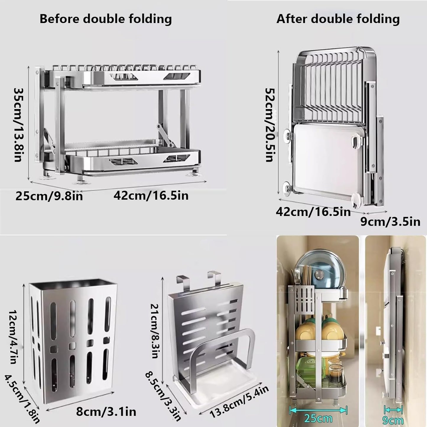 Dish Drying Rack with Drain Board - Rustproof Stainless Steel Dish Rack with Utensil Holder,Dish Racks for Kitchen Counter Over Sink,Over-Sink Drying Rack(Countertop,Second Floor)