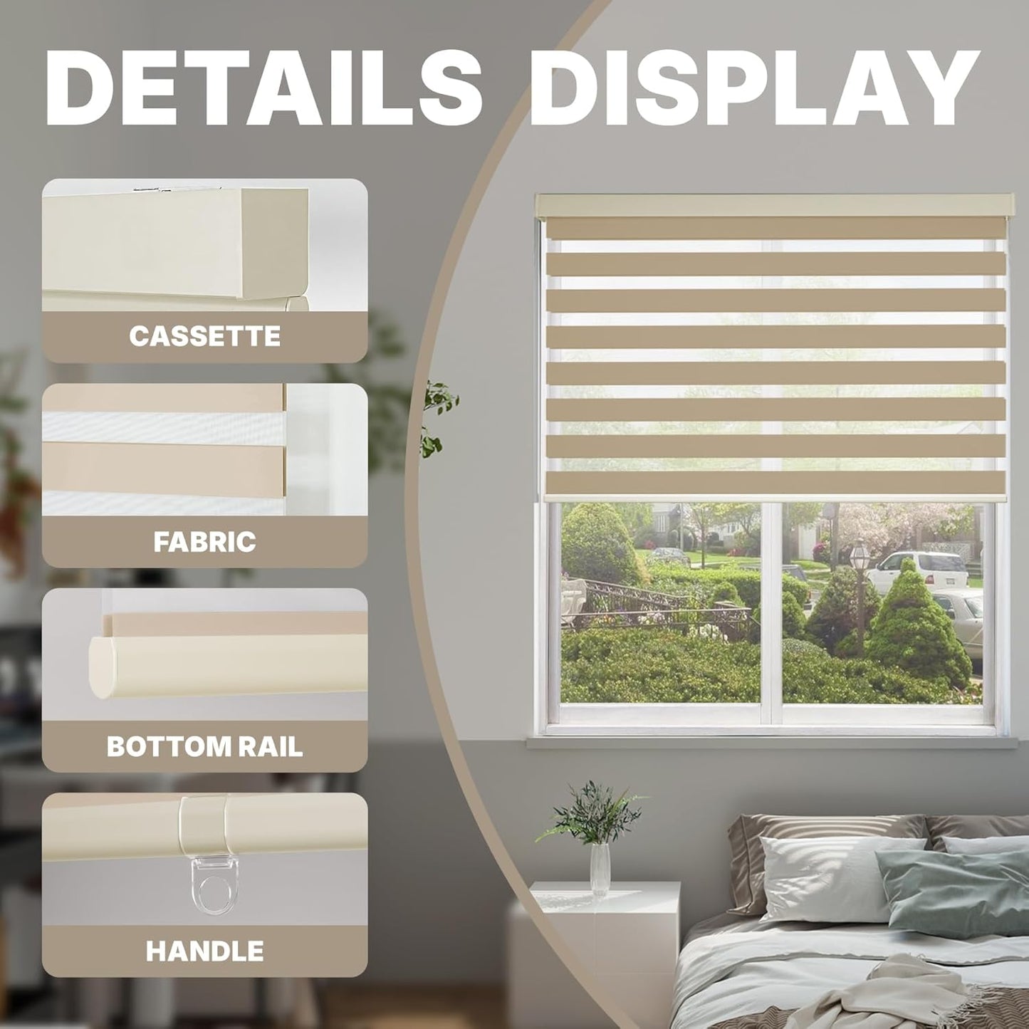 HESTIA Cordless Zebra Blinds Light Filtering Roller Shades UV Blocking Blackout Privacy Indoor Window Shades for Home Office Day and Night, Beige,43" W x 48" H