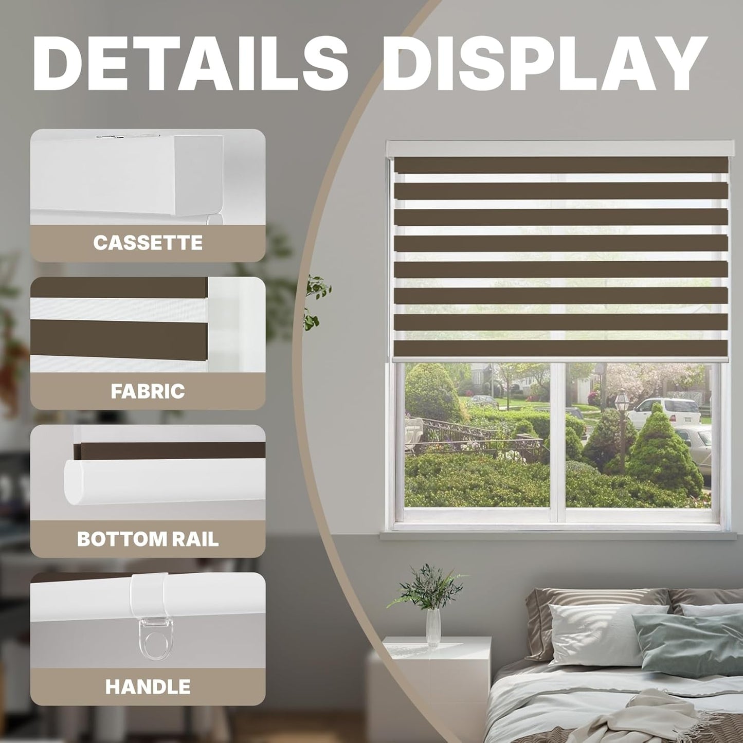 HESTIA Cordless Zebra Blinds Light Filtering Roller Shades UV Blocking Blackout Privacy Indoor Window Shades for Home Office Day and Night, Brown,43" W x 48" H