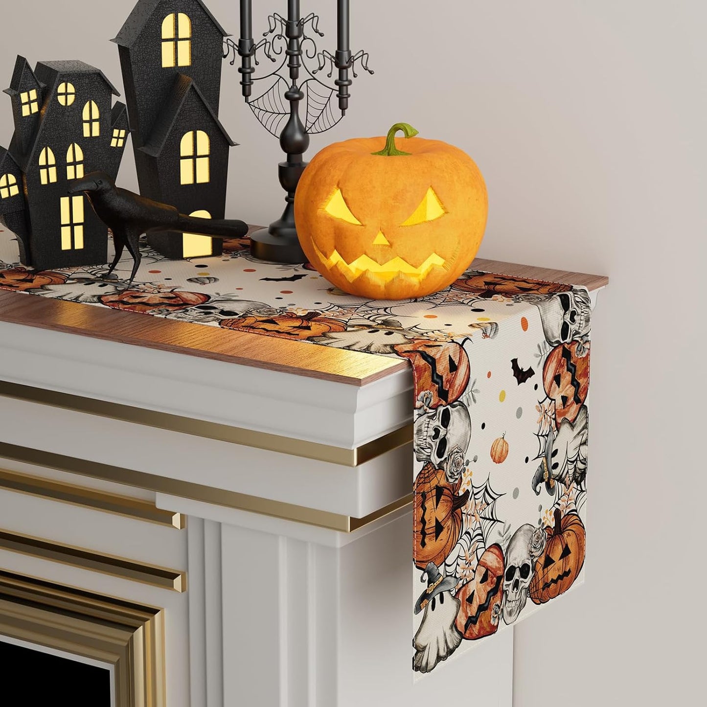 XCHI Spooky Skeleton Ghost Pumpkin Halloween Table Runner Party Table Decoration for Home Kitchen Dining Holiday Decor 13x36 Inch