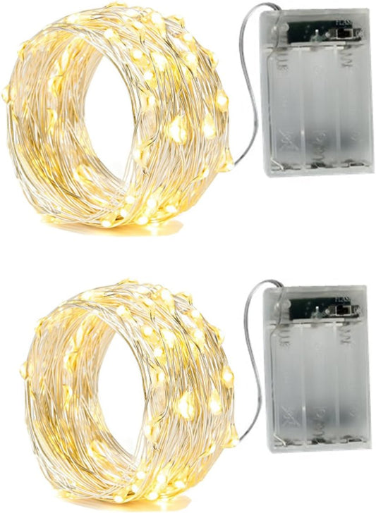 2 x 20LEDs Fairy Lights Battery Operated, Silver Wire 2 Mode Chains String Lights for Bedroom Christmas Party Decoration (Warm White, 6.6)