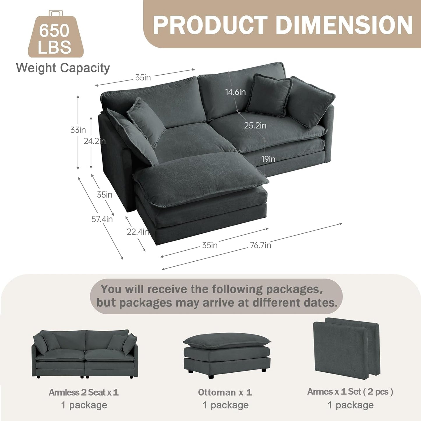 Sectional Sofa 2 Seater with Movable 1 Ottoman,Oversized Modular Couch Deep Seat (Grey, 76.7 inch-L)