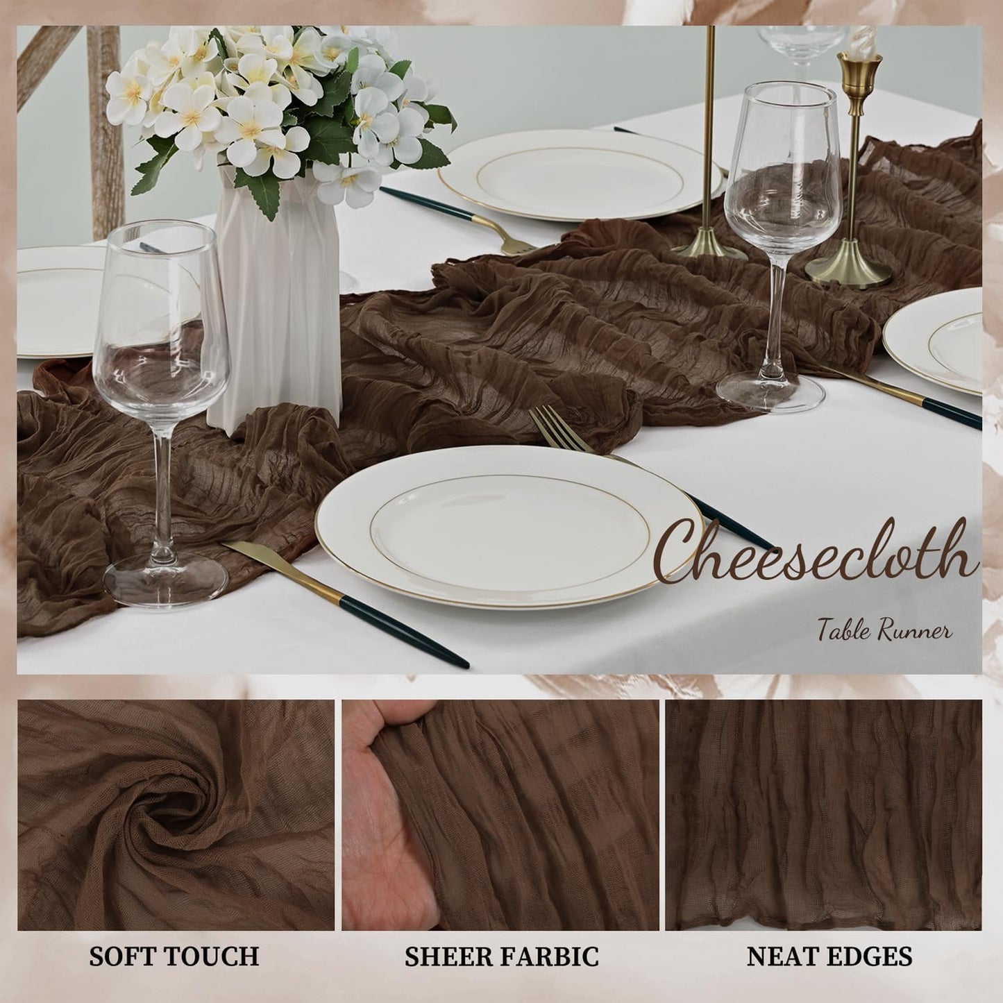 10FT 6 Pack Brown Cheesecloth Table Runner 20 x 120 Inch Long Boho Fabric Rustic Cheese Cloth Table Runner for Wedding Bridal Shower Baby Shower Gauze Sheer Birthday Party Table Decorations