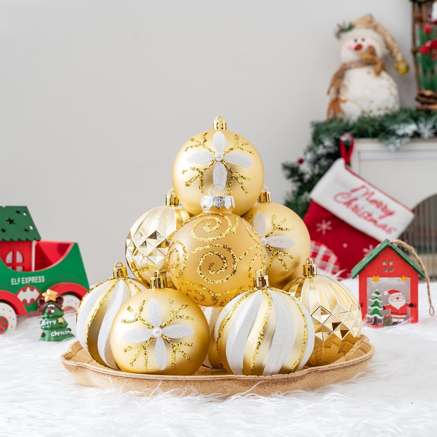 16Pcs Christmas Ball Ornaments Set, 3.15" Shatterproof Christmas Ornaments, Luxury Glitter Hanging Ornaments for Xmas Tree, Xmas Holiday, Party, Wedding (Gold)
