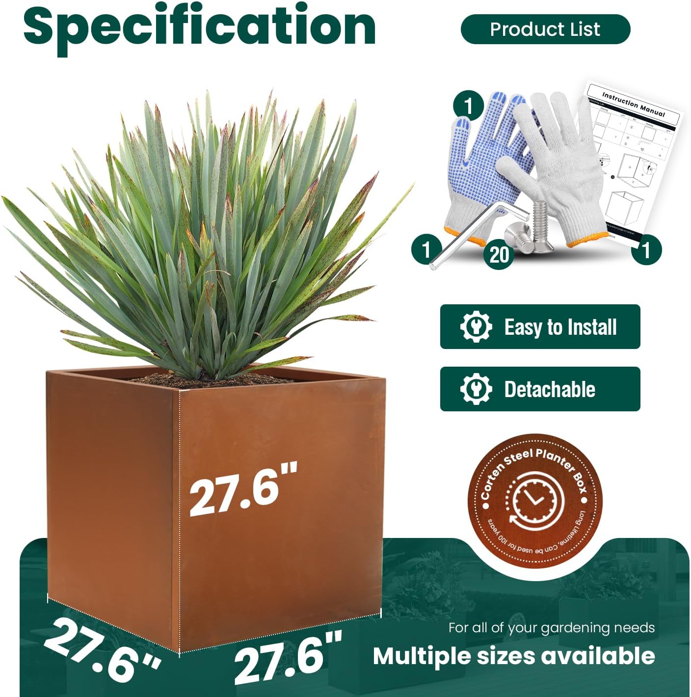 Corten Steel Planter Metal Square Planter Tall Cube Rustic Steel Planters 27.6 Inch Durable Antique Detached for Outdoor Commercial Residential Garden Patio Deck and Backyard