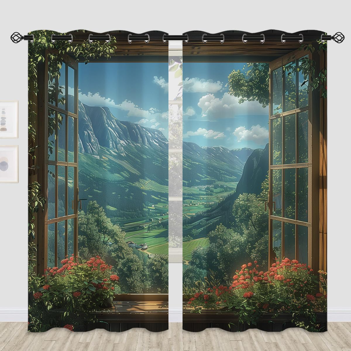 Mountain Blackout Curtains for Girls Boys Teens Home Decor, Spring Sky View Nature Forest Flower Grommet Thermal Insulated Drapes Darkening Window Curtain for Bedroom Living Room, 84 x 84 Inch