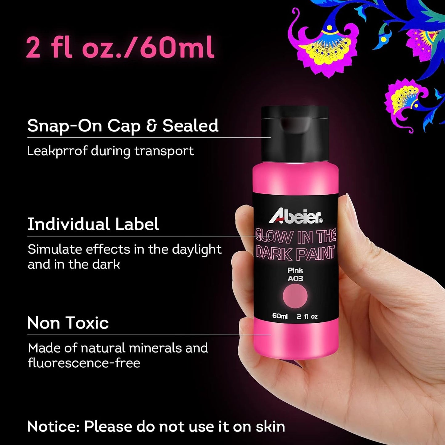 ABEIER Glow in the Dark Acrylic Paint - 10 Bright Colors (60ml/2oz) Long Lasting Glow Fluorescent Paint for DIY Projects, Halloween, Easter, Christmas Decorations