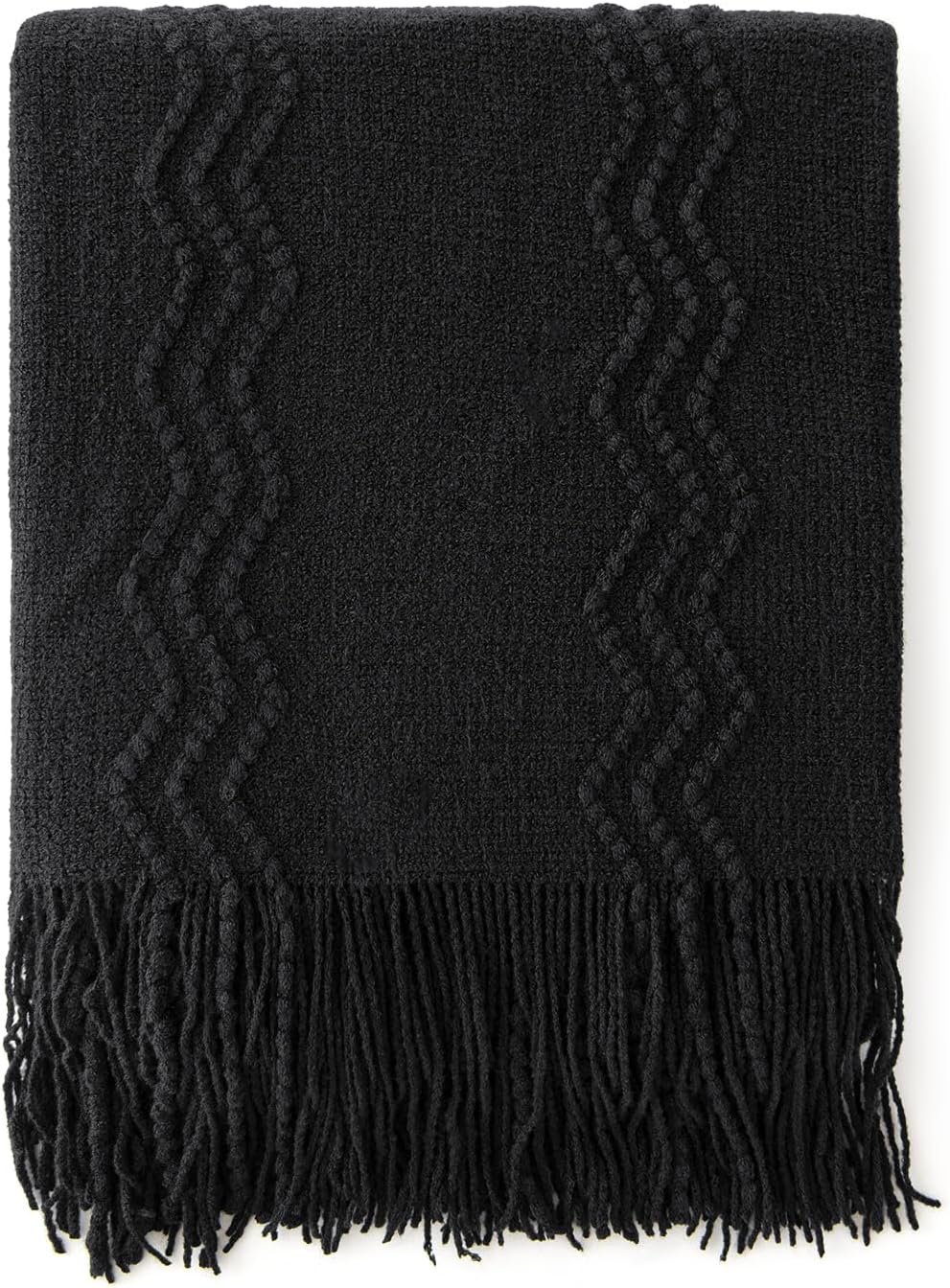 MIULEE Black Knitted Throw Blanket for Couch Textured Knit Blanket with Tassels Cozy Woven Boho Bed Blanket for Sofa Bed Chair Acrylic Wave Pattern 50"x60"