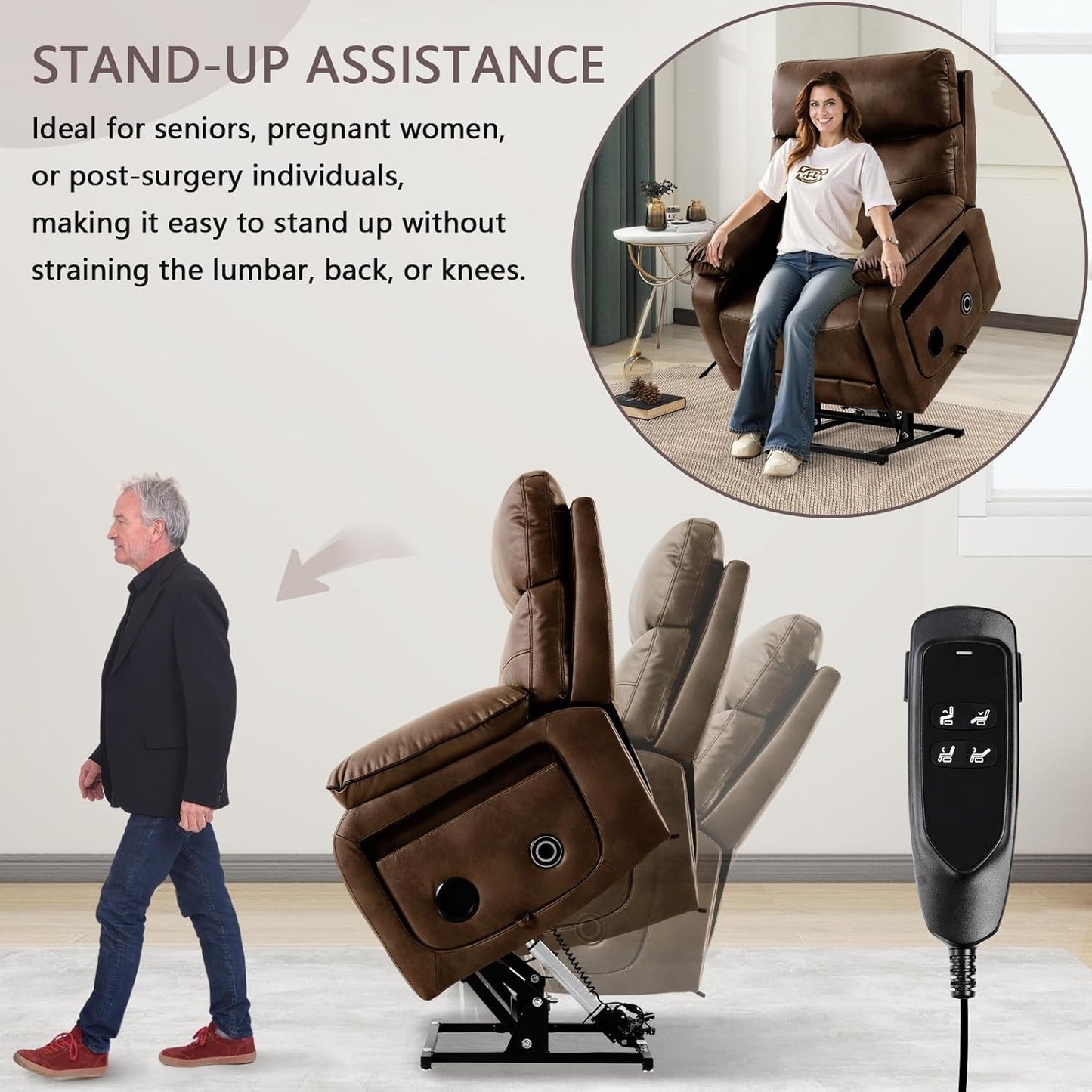 Dual Motor Power Lift Recliner Chair for Adult & Elderly, Infinite Position Lay Flat Lift Chair with Heat & Massage, Cup Holder, Lumbar Pillow, Wireless Charger, USB Ports, Leather (Ochre)